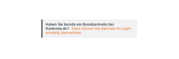 Screenshot einer Eingabemaske fuer eine Registrierung mit Frankonia-Daten