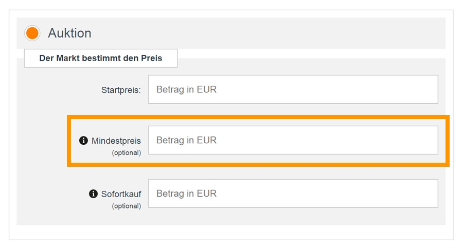 Screenshot zur Eintragung des Mindestpreises