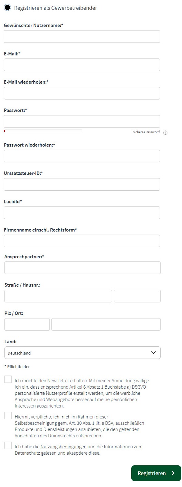 Screenshot einer Registirierung als Gewerbetreibender
