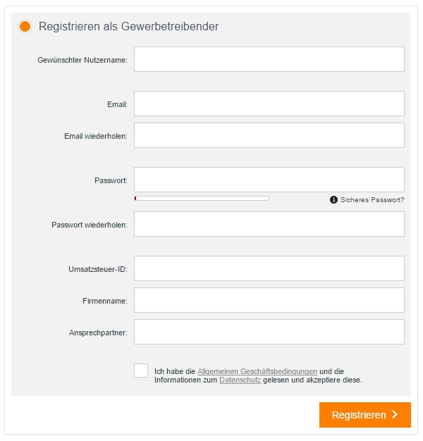 Screenshot einer Registirierung als Gewerbetreibender