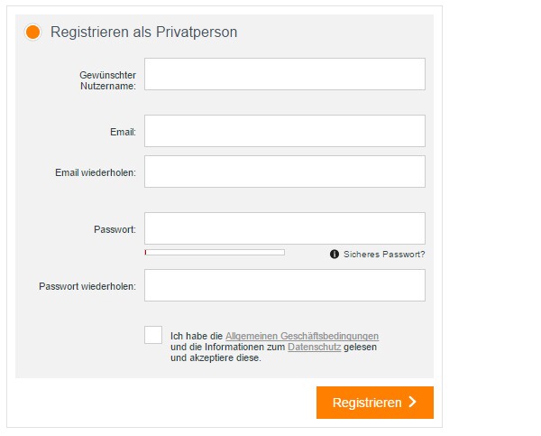 Screenshot einer Eingabemaske fuer eine Registrierung als Privatperson