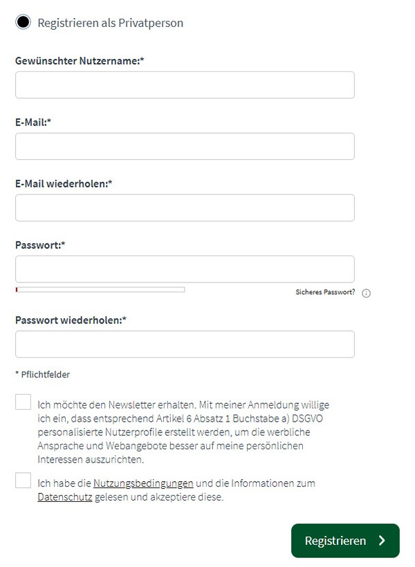 Screenshot einer Eingabemaske fuer eine Registrierung als Privatperson