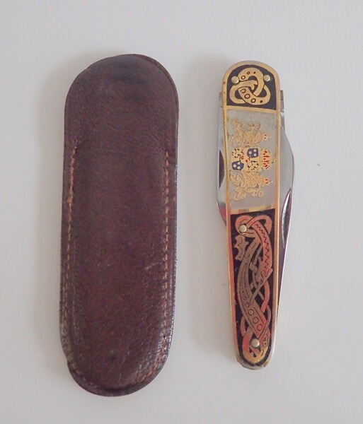 Taschenmesser + Etui, Messing, Löwen Wappen Schweden, antik!