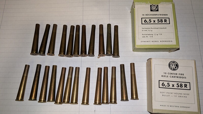 Hülsen 6,5x58R RWS ladefertig mit Zündhütchen
