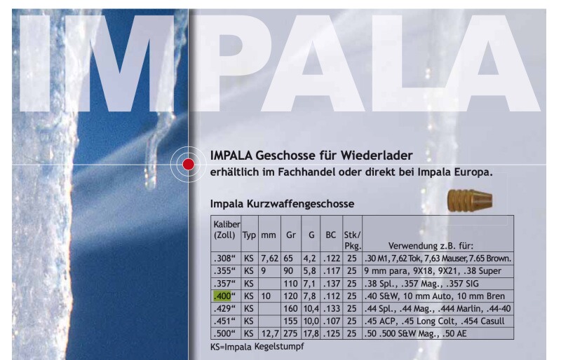 Geschosse Wiederlader .400 *bleifrei* Impala