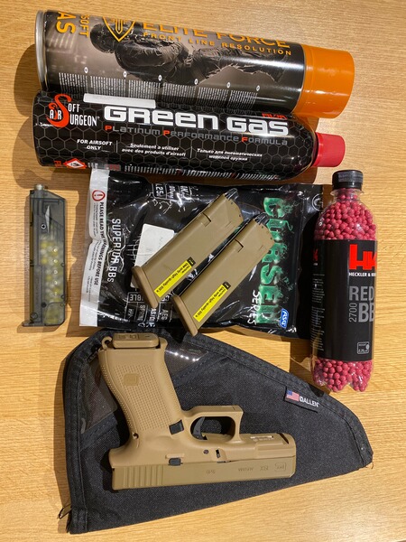 Airsoft Glock 19X Coyote GBB 6mm Komplett Set GAS Neuwertig