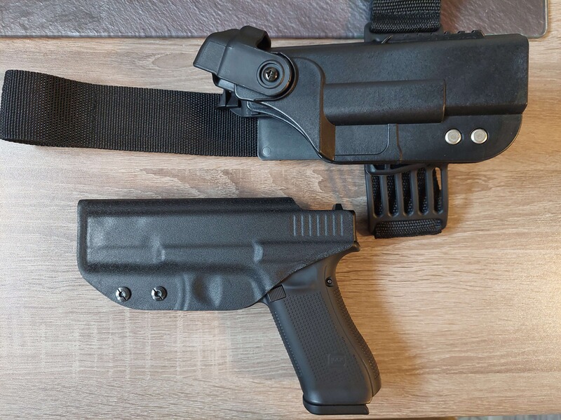 2x Glock 17 Holster: Kydex OWB + Drop-Leg mit Retention (Schwarz)