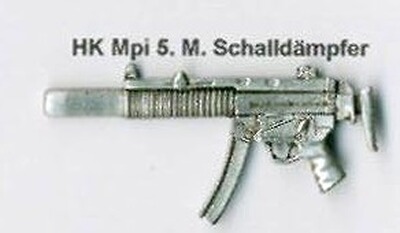 HK MP 5 mit Schalldämpfer als Metall-Anstecker