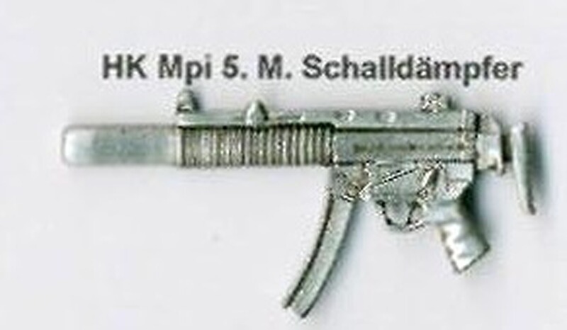 HK MP 5 mit Schalldämpfer als Metall-Anstecker