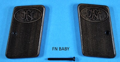 Nussbaum-Griffschalen für Taschenpistole FN BABY mit Fischaut und FN-Logo