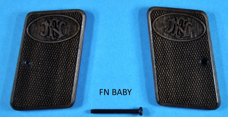 Nussbaum-Griffschalen für Taschenpistole FN BABY mit Fischaut und FN-Logo
