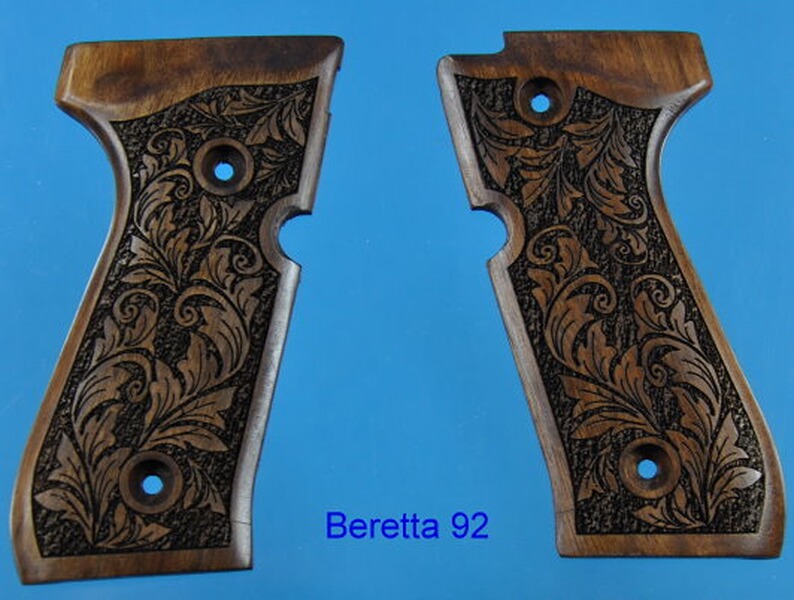 Luxus-Nussbaum-Griffschalen für Pistole Beretta 92 mit Rankenverschneidungen
