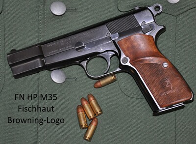 Nussbaumgriffschalen für Pistole FN HP M35 mit Browning-Logo