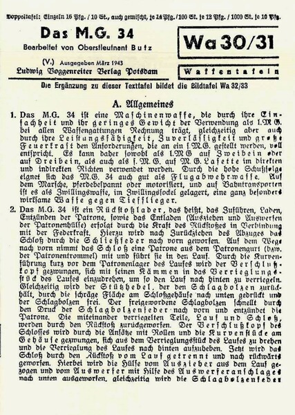 Nachdruck Wehrmacht Taschenkarte MG34