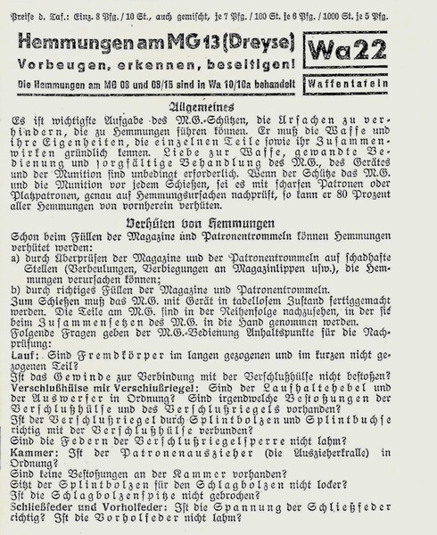 Nachdruck Taschenkarte Wehrmacht Hemmungen am MG13 (Dreyse)