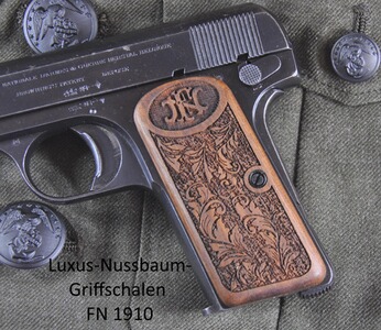 Luxus-Nussbaum-Griffschalen für Pistole FN 1910 mit Rankenverschneidung