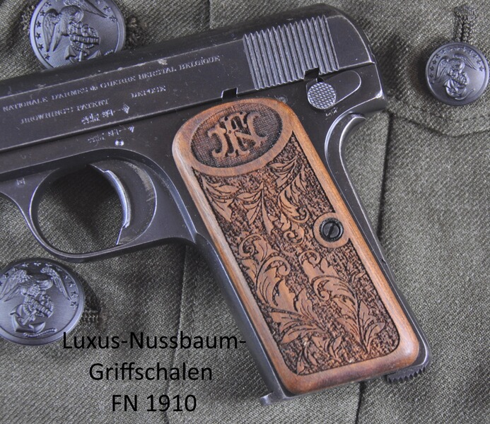 Luxus-Nussbaum-Griffschalen für Pistole FN 1910 mit Rankenverschneidung