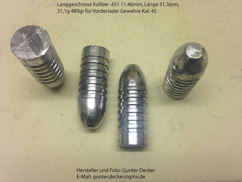 Langgeschosse Kaliber .451 11,46mm Länge 31,3mm 31,1g 480gr 6 Fettrillen für Vorderlader Gewehre .45