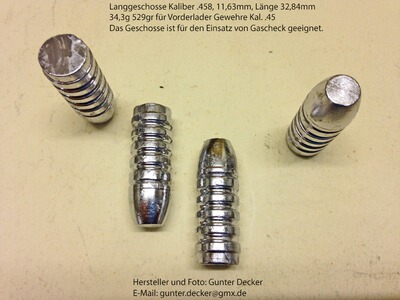 Langgeschosse Kaliber .458 11,68mm Länge 32,8mm 34,3g 529gr 5 Fettrillen für Vorderlader Gewehre .45