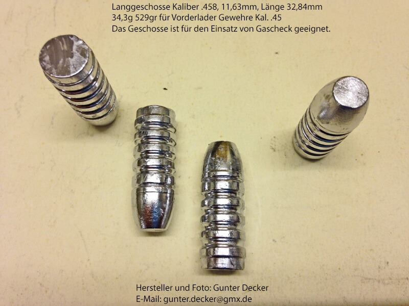 Langgeschosse Kaliber .458 11,68mm Länge 32,8mm 34,3g 529gr 5 Fettrillen für Vorderlader Gewehre .45