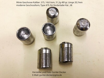 Minie Geschosse Kaliber .575 14,61mm, 481gr für Vorderlader Gewehre Kal. 58, Type 479