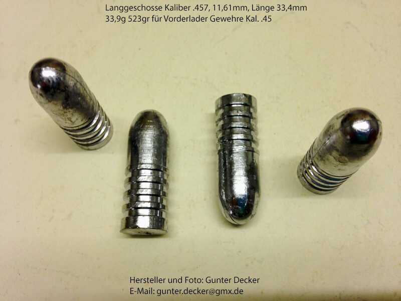 Langgeschosse Kaliber .457 11,61mm Länge 33,4mm 33,9g 523gr 4 Fettrillen für Vorderlader Gewehre .45