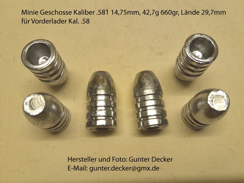 Minie Geschosse Kaliber .581 14,75mm 42,7g 660gr Vorderlader Gewehre Kal. .58