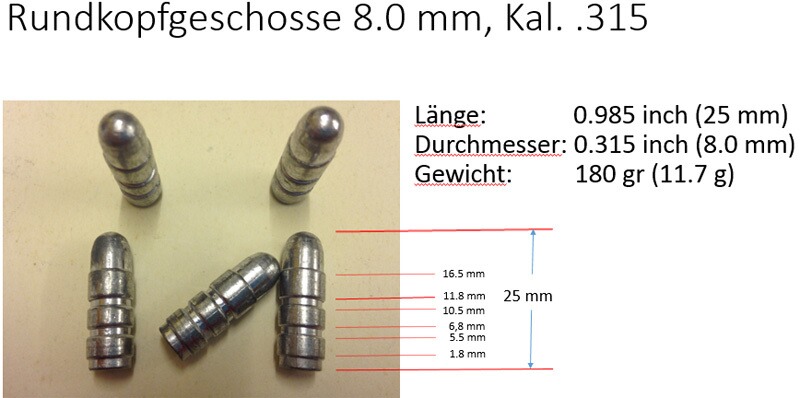 Rundkopf Geschosse 8mm, Kaliber .315, 8x57, 8x63, Länge 25mm, 180gr