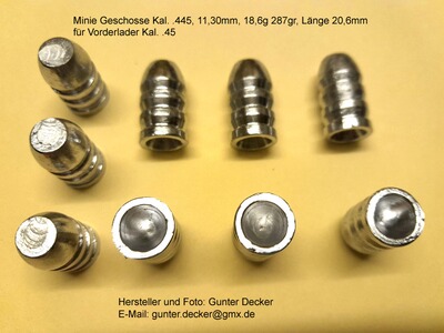 Minie Geschosse Kaliber .445 11,30mm, 287gr für Vorderlader Gewehre Kal. .45