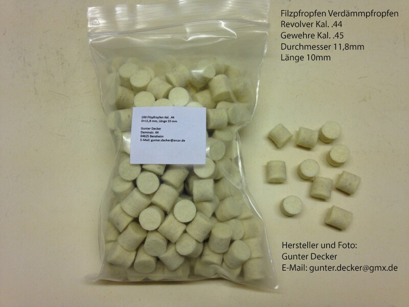 200 Filzpfropfen Verdämmpfropfen Dicke 11,8mm, Länge 10 mm, Revolver Kal. .44, Gewehre Kal. .45