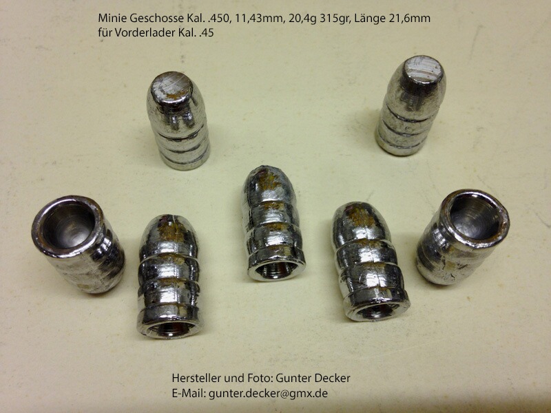 Minie Geschosse Kaliber .450 11,43mm, 315gr für Vorderlader Gewehre Kal. .45