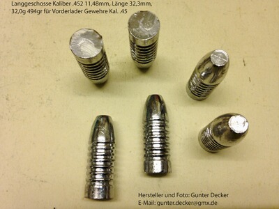 Langgeschosse Kaliber .452 11,48mm Länge 32,3mm 32,0g 494gr 7 Fettrillen für Vorderlader Gewehre .45