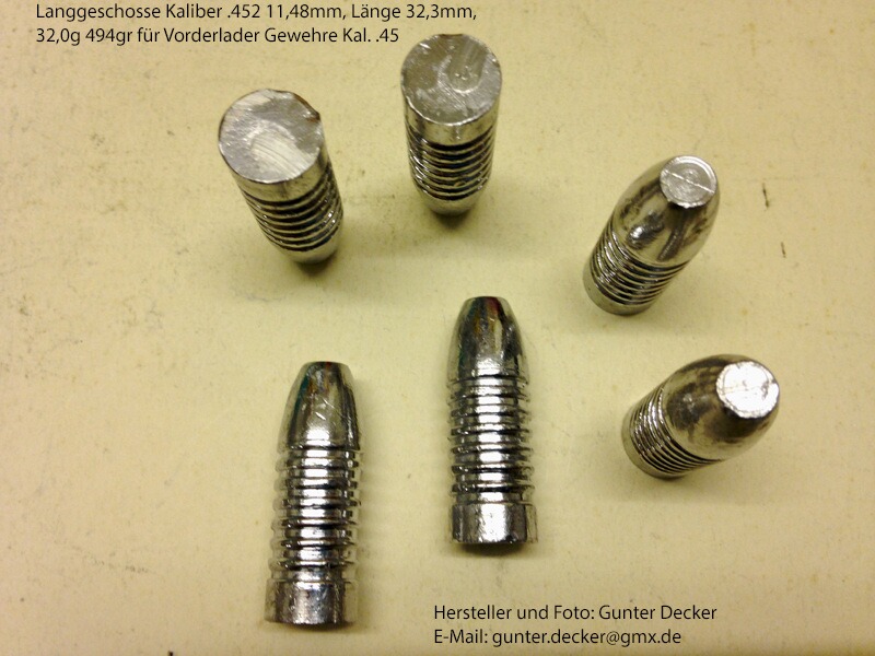 Langgeschosse Kaliber .452 11,48mm Länge 32,3mm 32,0g 494gr 7 Fettrillen für Vorderlader Gewehre .45