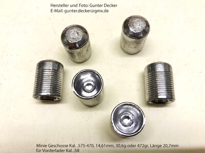 Minie Geschosse Kaliber .575 14,61mm, 472gr. Vorderlader Gewehre Kal. 58