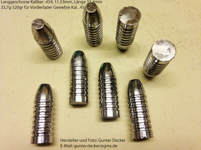 Langgeschosse Kaliber .454 11,53mm Länge 33,4mm 33,7g 520gr 7 Fettrillen für Vorderlader Gewehre .45