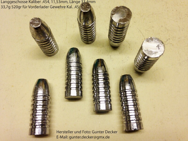 Langgeschosse Kaliber .454 11,53mm Länge 33,4mm 33,7g 520gr 7 Fettrillen für Vorderlader Gewehre .45