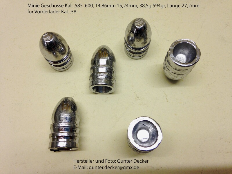 Minie Geschosse Kaliber .585 /.600 (14,86mm /15,24mm) Vorderlader Gewehre Kal. .58