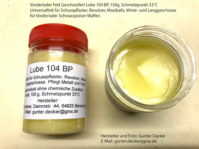 Vorderlader Fett Geschossfett Lube 104 BP 150g Schusspflaster Revolver Maxiballs Minie Langgeschosse