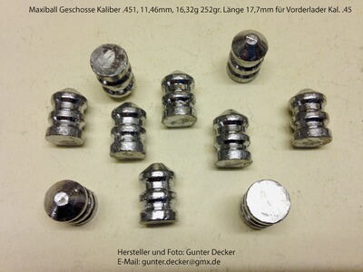 Maxiball Geschosse Kaliber .451 11,46mm 252gr Vorderlader Gewehre .45