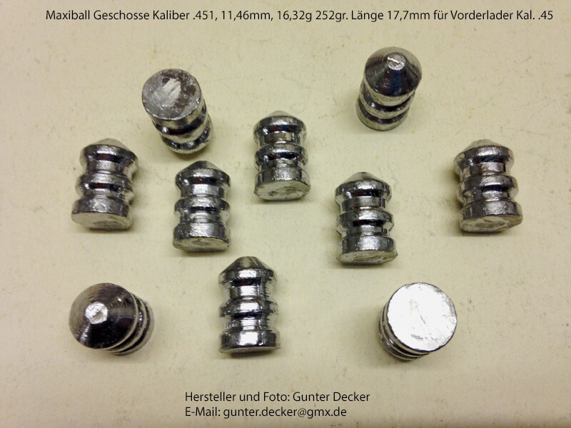 Maxiball Geschosse Kaliber .451 11,46mm 252gr Vorderlader Gewehre .45