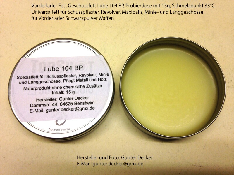 Vorderlader Fett Geschossfett Lube 104 BP 15g Schusspflaster Revolver Maxiballs Minie Langgeschosse