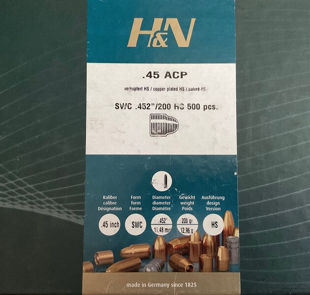 100 H&N Kurzwaffengeschosse HP 452 200gn. im Kaliber .45 ACP/ .45 Auto Semi-Wadcutter Geschoss (SWC)
