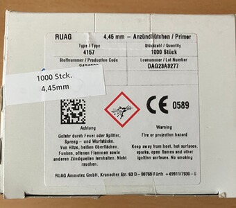 1 Box = 1.000 Zündhütchen in SR- Small Rifle von RWS/RUAG