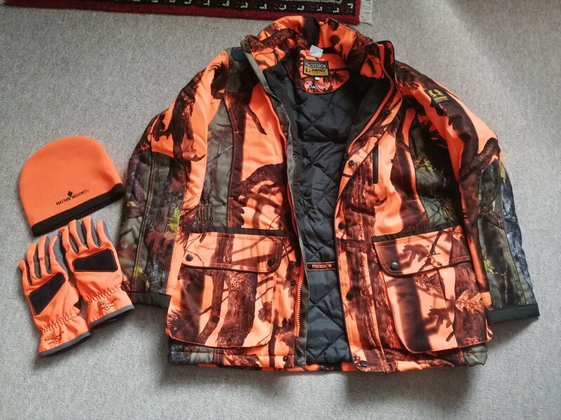 Drückjagd Signal Jacke Handschuhe Mütze Jagd Jagdjacke Percussion Orange Neu