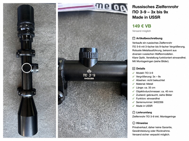 Russisches Zielfernrohr ПО 3-9 – 3–9x – inkl. Montageringe