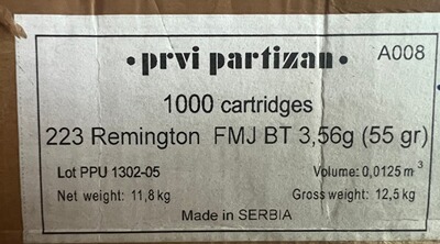 Prvi Partizan (PPU) .223 Rem FMJ BT 55 gr – 780 Schuss – Neu