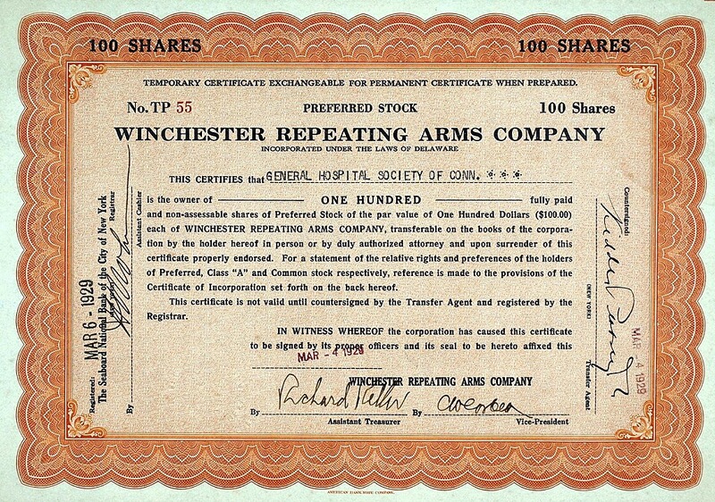 WINCHESTER- Aktie - Grösse A 3 = 40x30 cm - Facsimiledruck- laminiert