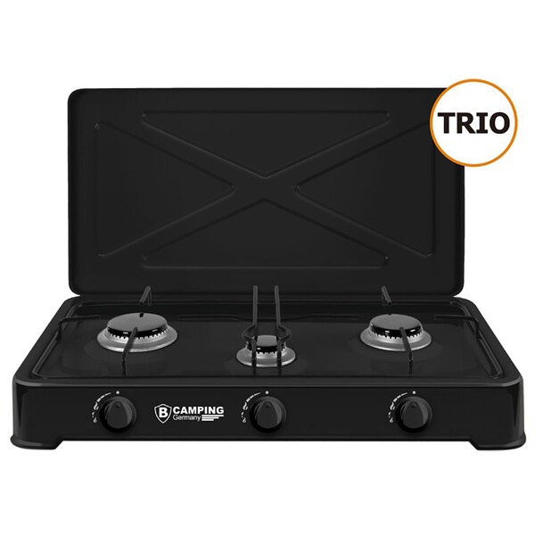Gaskocher / Campingkocher 3-flammig (TRIO) mit Anschluss-Schlauch und Druckminderer