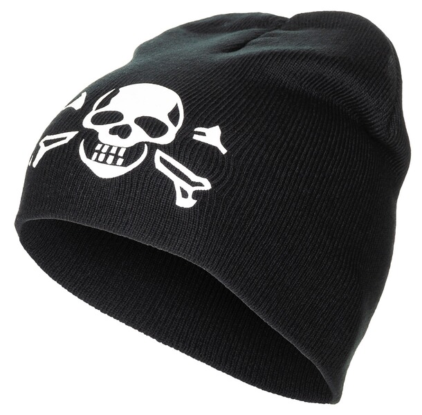 Strickmütze Schwarz mit Totenkopf - Unigröße - Beanie fein gestrickt
