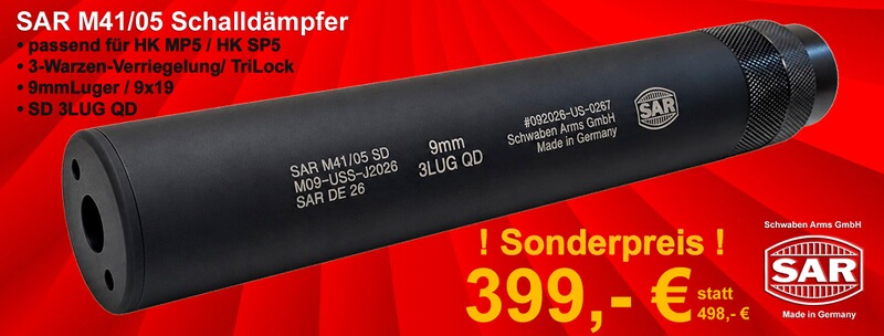 SAR M41-05 Schalldämpfer für HK MP5 / HK SP5 9mmLuger SD 3LUG QD 3-Warzen-Verriegelung / TriLock